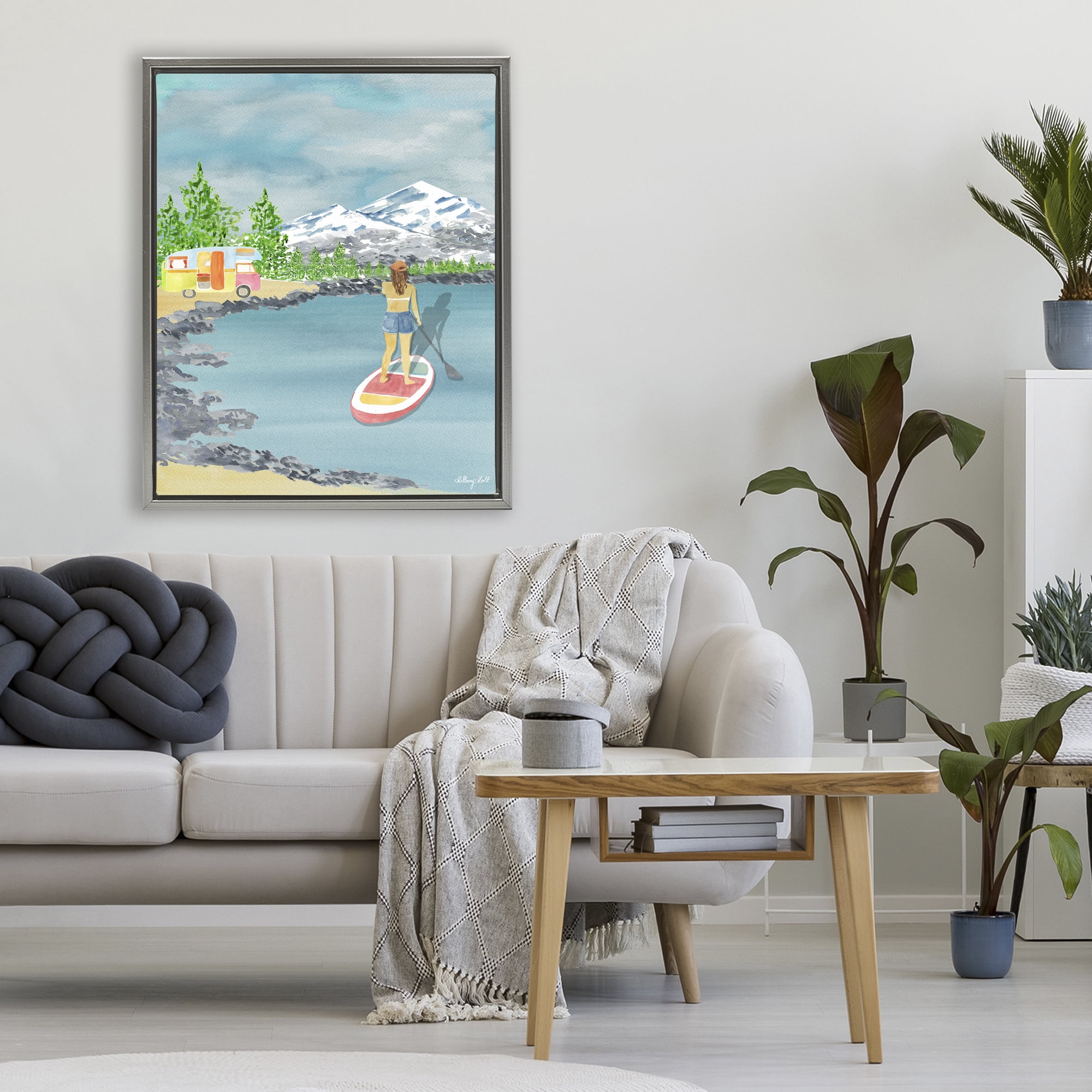 Stupell Industries Lake Tahoe Paddle Boarding Gray Framed Floater Canvas Wall Art, design by Hillary Holt