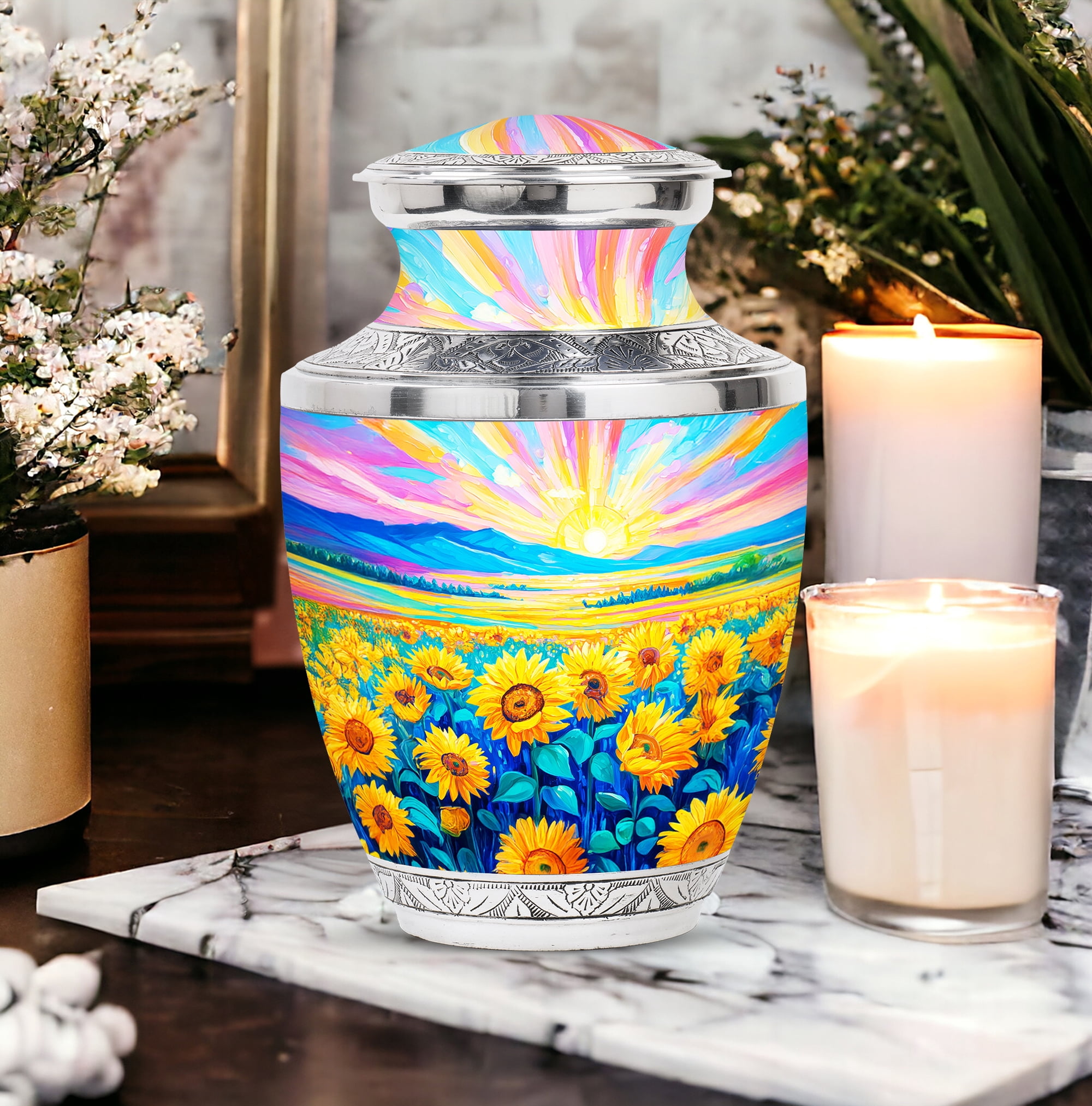 MUKTIVE Sunflower Large Cremation Urn for Human Ashes Mom & Dad, Memorial Blue Urns for Ashes Adult Male & Female, Funeral Urns for Ashes, Urn for Husband & Wife, 10 Inch