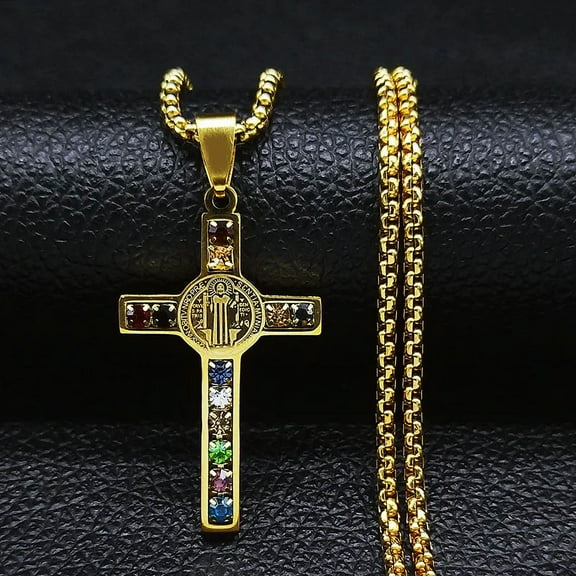 Catholic Jesus Cross 14K Yellow Gold Necklace Saint Benedict Crystal Virgin Mary Pendant Crucifix Male Necklaces Jewelry cruz