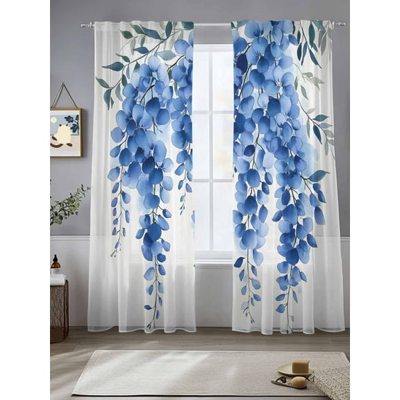 Blue Eucalyptus Leaves Sheer Curtains for Living Room Bedroom Spring Botanical Summer Sheer Curtains 84 Inch Long 2 Panels Set Light Filtering Curtain Window Treatments Drapes for Dining Room