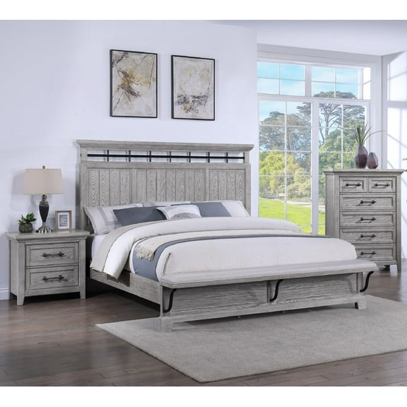 3pc Light Gray Finish Queen Size Panel Built-in Bench Bed Nightstand Chest Storage Set Solid Wood