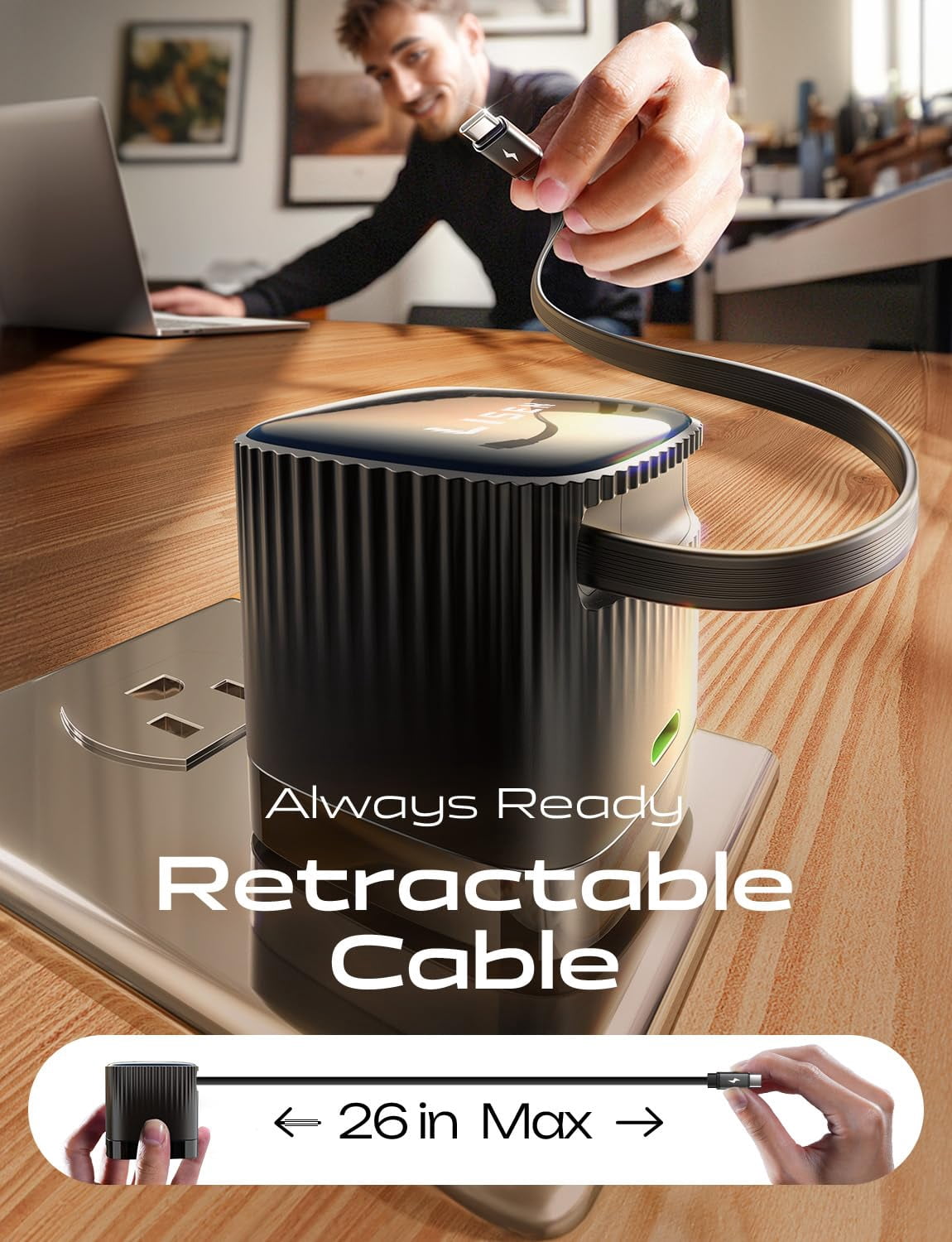 Retractable Charger 45W USB-C Charger GaN Charger, Retractable Phone Charger Wall Plug Dual USB C Charger Block with Retractable USB C Cable Cord, fit iPhone 16 15 iPad Samsung, 1 count Black