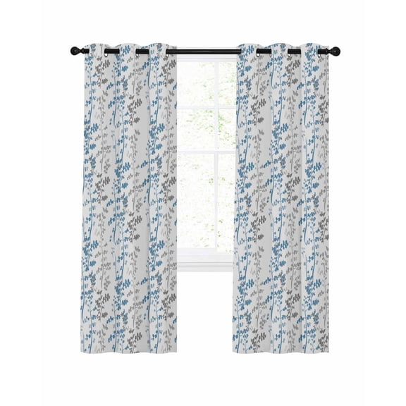 Blue and Grey Leaf Blackout Curtains 63 Inch Length Abstract Farmhouse Plants Floral Branches Thermal Insulated Window Curtain Window Drapes 2 Panels for Bedroom Living Room 42"Wx63"L