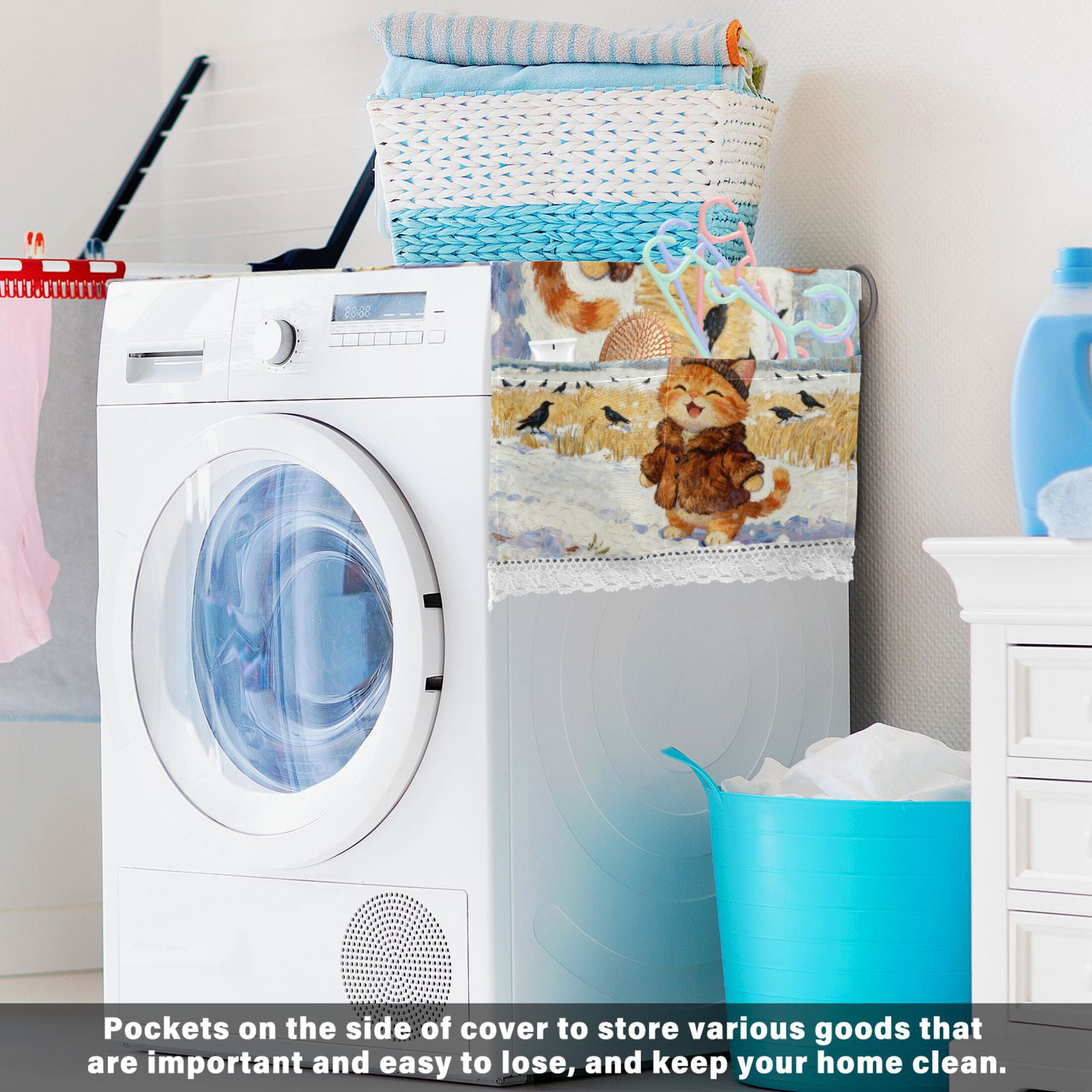 Wobogo Rice Field Kittens Washing Machine Cover Dustproof Washer Dryer Cover Waterproof Laundry Room Decorative Protector