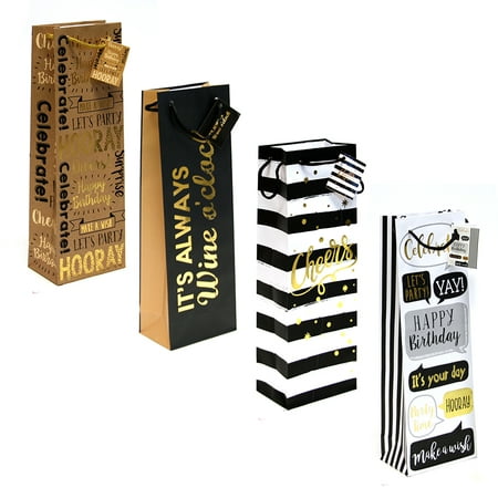 4 pack Premium Wine, Liquor or Beer Gift Bags, Single Bottle Tote Perfect for Weddings, Birthdays, Housewarming and Dinner