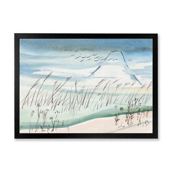 Designart 'Crane Birds Flying Over Snowy Montain' Traditional Framed Art Print