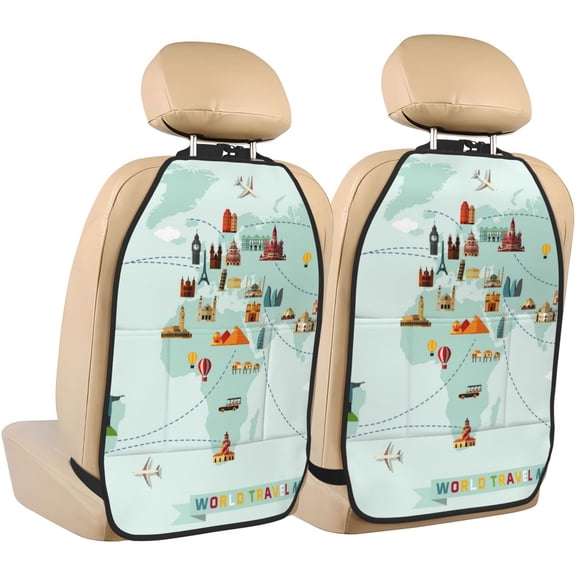 Kdxio World Travel Map Print 2 Pack Car Kick Mat Seat Cover Back Protector Mat with Pockets for Organizer Backseat Protector and Storage Anti Kick Pad for Vehicles