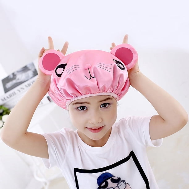 Gorro de ducha de dibujos animados para niños, bonito jersey de satén de doble capa para el hogar, gorro de ducha impermeable para niños y niñas