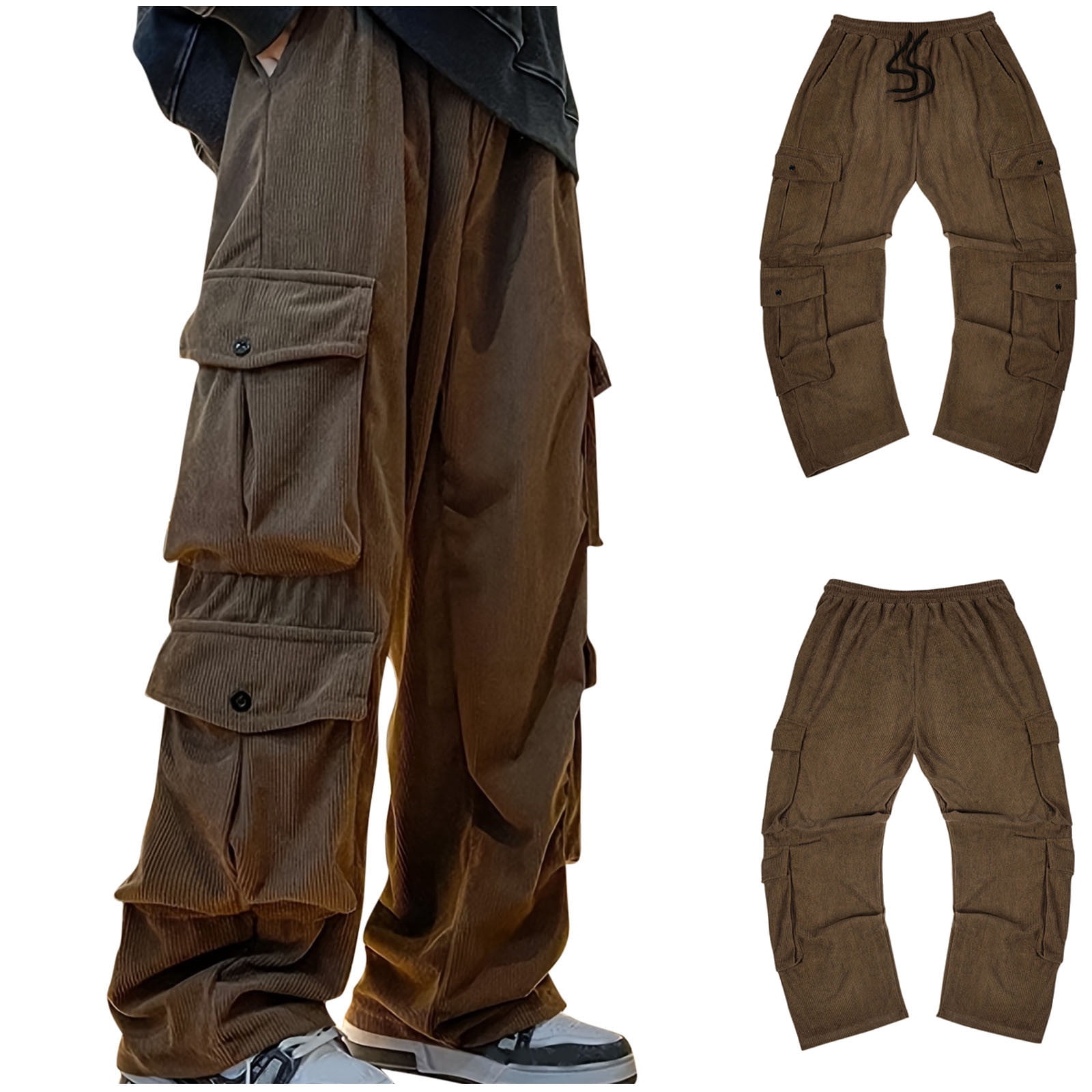 Pantalon Cargo Homme En Velours Côtelé - Coupe Baggy, Poches Latérales, Cordon De Serrage - Léger Et Confortable Pour Sport Et Extérieur - 10