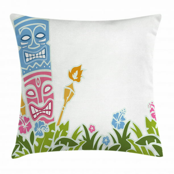 Tiki Bar Decor Throw Pillow Cushion Cover, Statues Surrounded by Fresh ...
