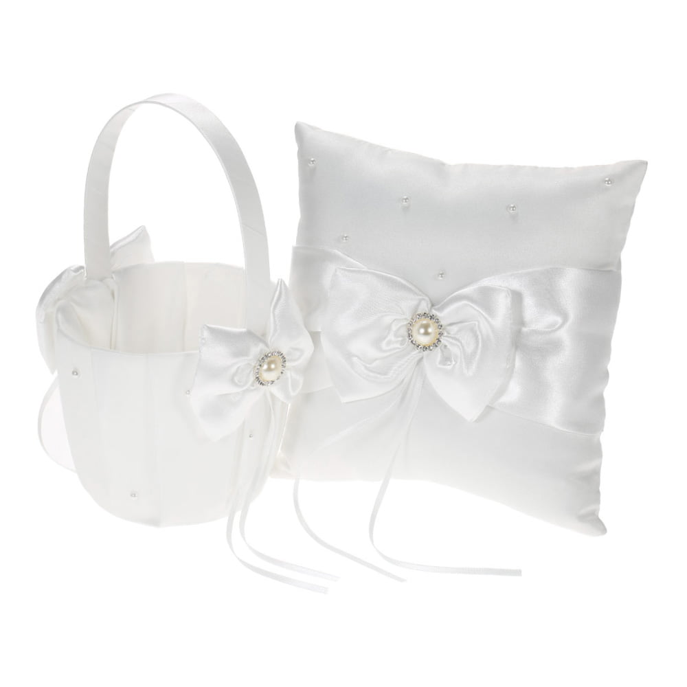 White Wedding Ring Bearer Pillow flower girl petal basket Silver bow sach ribbon 