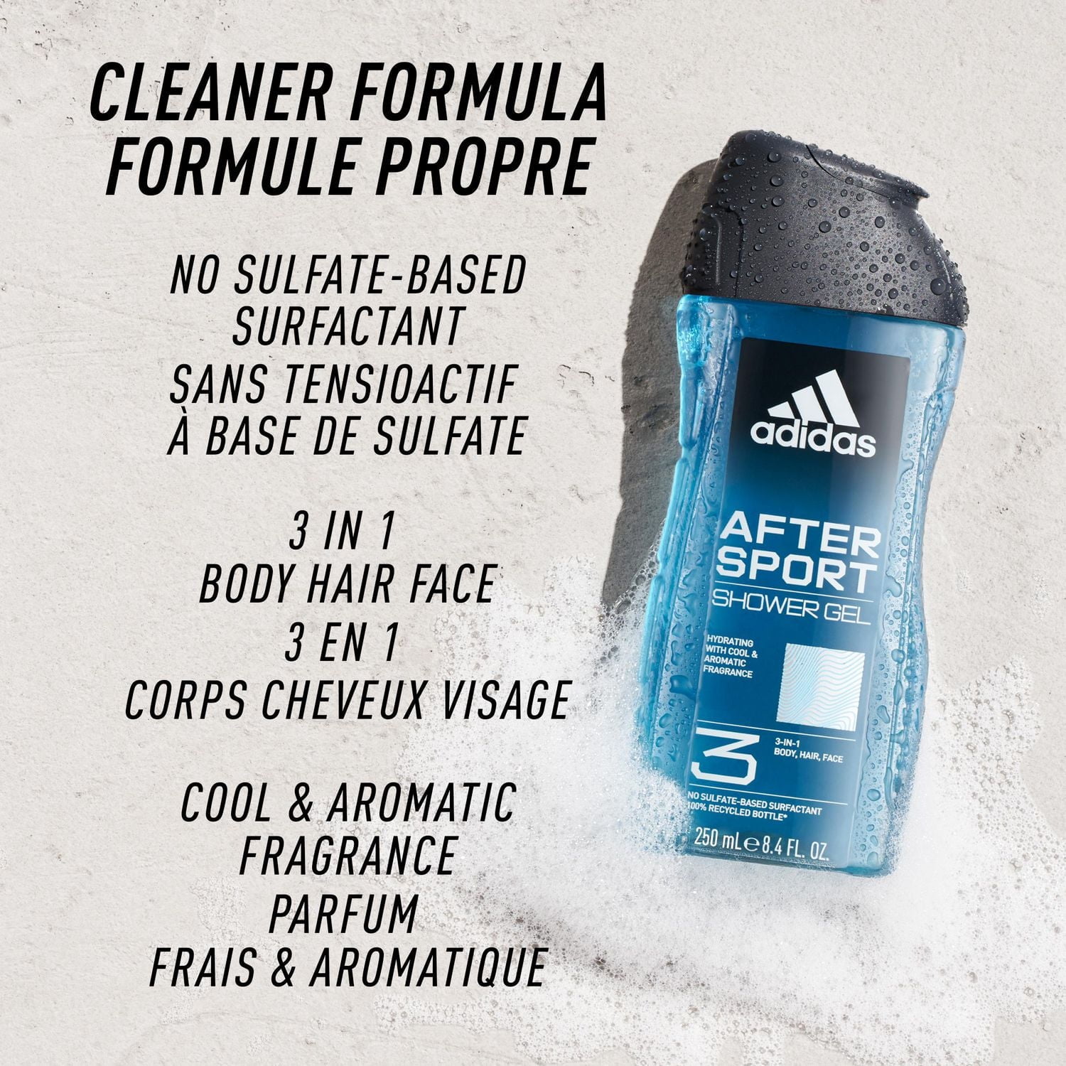 adidas After Sport 3-in-1 Body, Hair and Face Shower Gel, 100% Vegan, 3-in-1 Shower Gel: body, hair, face