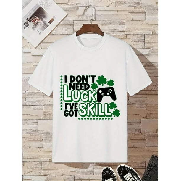 Camiseta de verano para niño con temática creativa del Día de San Patricio, informal, de cuello redondo y manga corta con estampado geométrico de trébol y mando de juego, 94 % poliéster, 6 % elastano