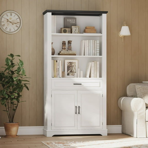 Farmhouse Bookshelves and Bookcases with Doors and Drawer, Bookshelf with Storage, Floor Standing 6 Shelf Display Storage Shelves 70 in Tall Bookshelf for Home Office, Living Room, White