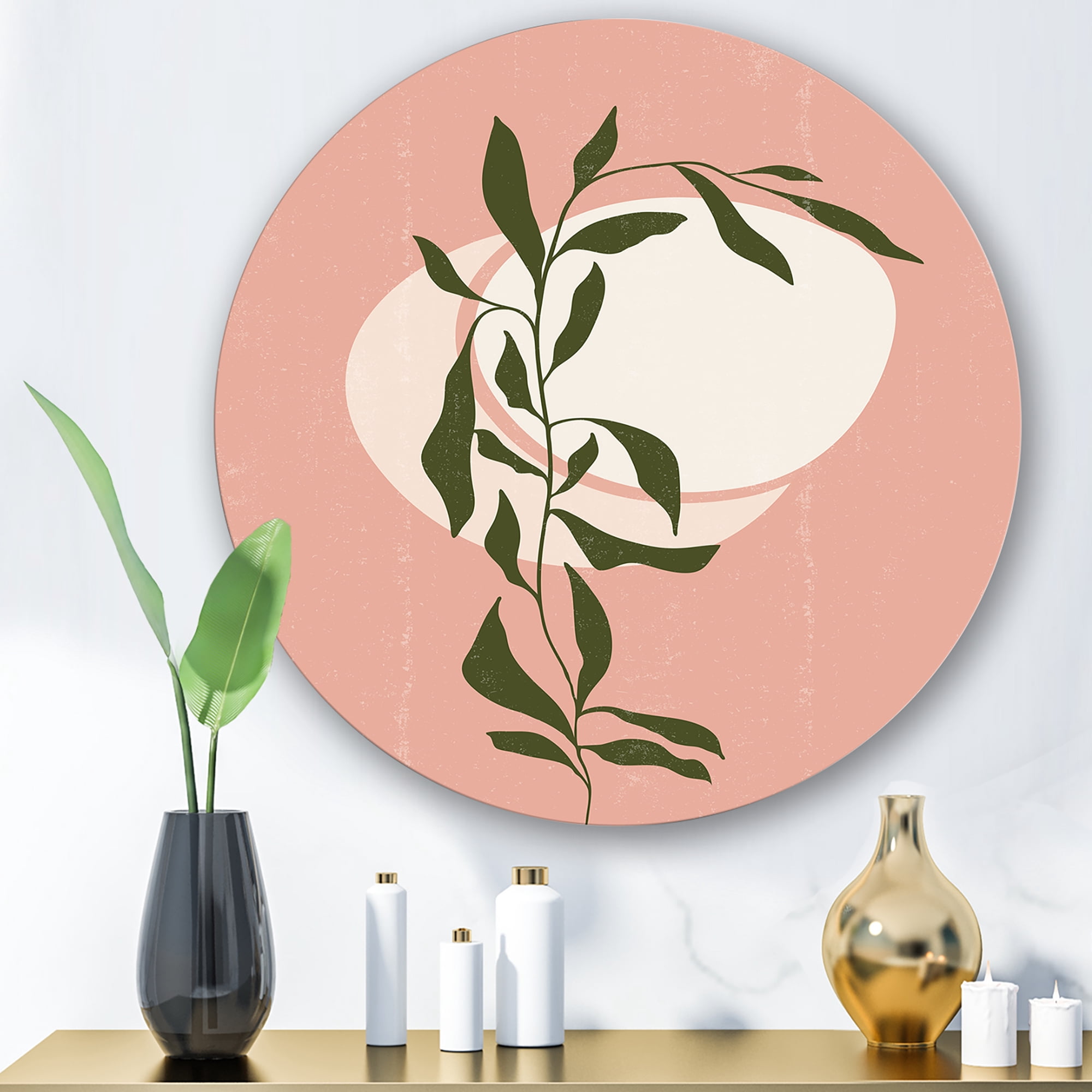 Designart 'Abstract Geometrical Moon and Sun With Leaf VI' Modern Circle Metal Wall Art 23x23 - Disc of 23