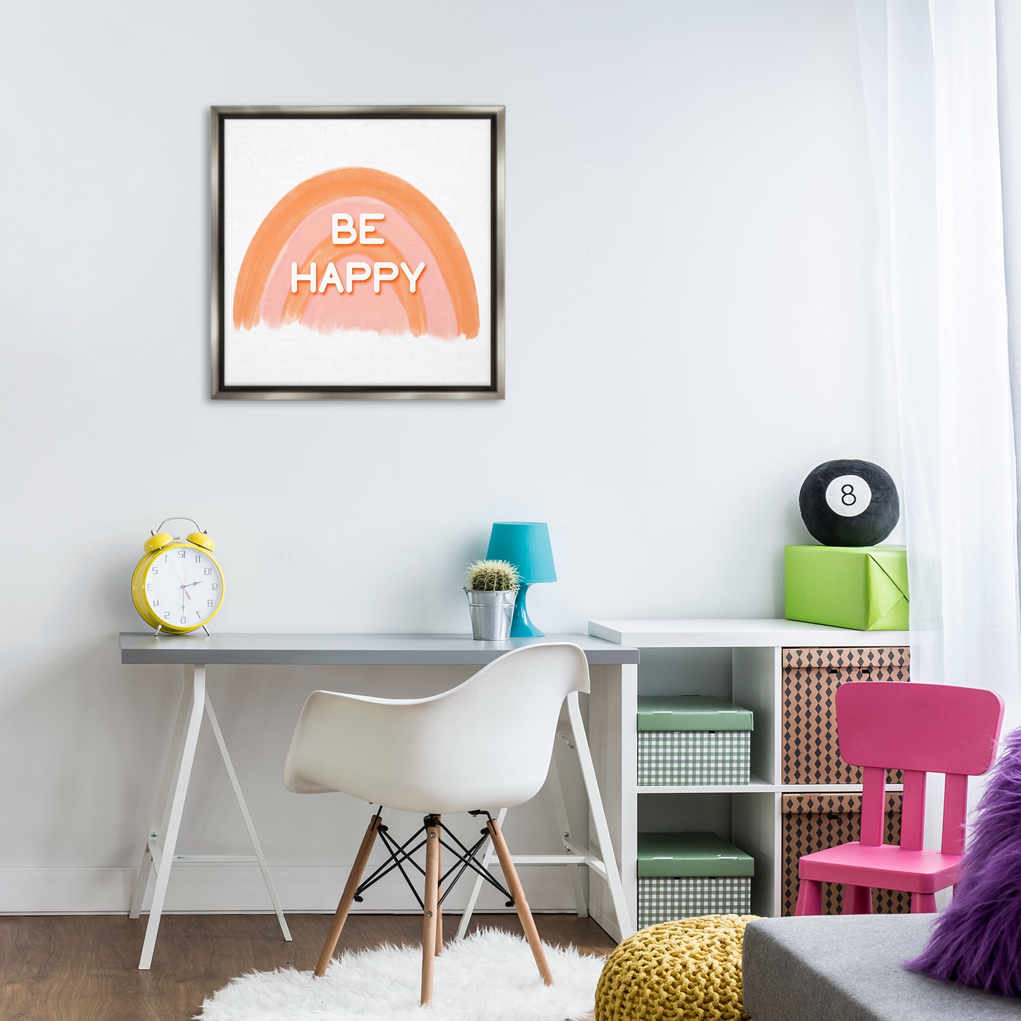 Stupell Industries Orange Be Happy Text & Numbers Painting Gray Floater Framed Canvas Art Print Wall Art, 25 x 25