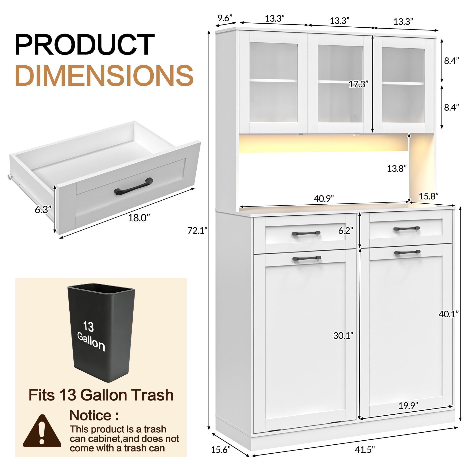ANPOO 72.1"H Kitchen Pantry Storage Cabinet with Power Outlets & LED light, Kitchen Double Tilt Out Trash Cabinet 13X2 Gallon Garbage Holder with Two Drawers, Freestand Laundry Sort Cabinets