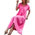 thumbnail image 4 of SAYOO , vestido suelto de manga corta para mujer, Color sólido, cuello en V, dobladillo Irregular, elegante vestido de fiesta de playa de verano, ropa de calle de vacaciones SAYOO  Casual, 4 of 9