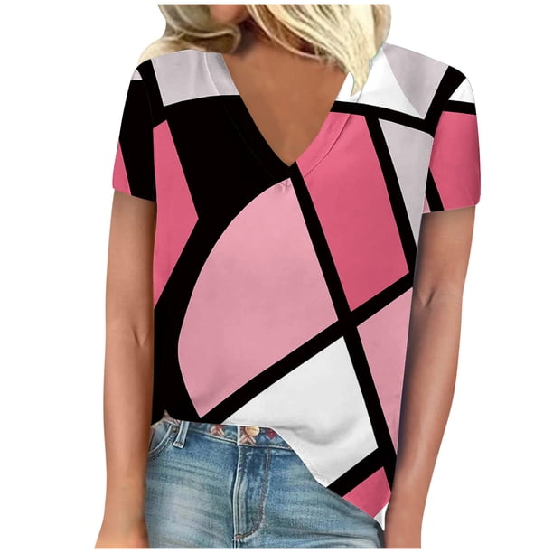 Camisetas de Manga Corta para las Mujeres de Cuello en V Sólido Casual Camiseta, 95% Poliéster 5% Spandex Vintage Ligero Top para Diario, Fiesta Y Primavera
