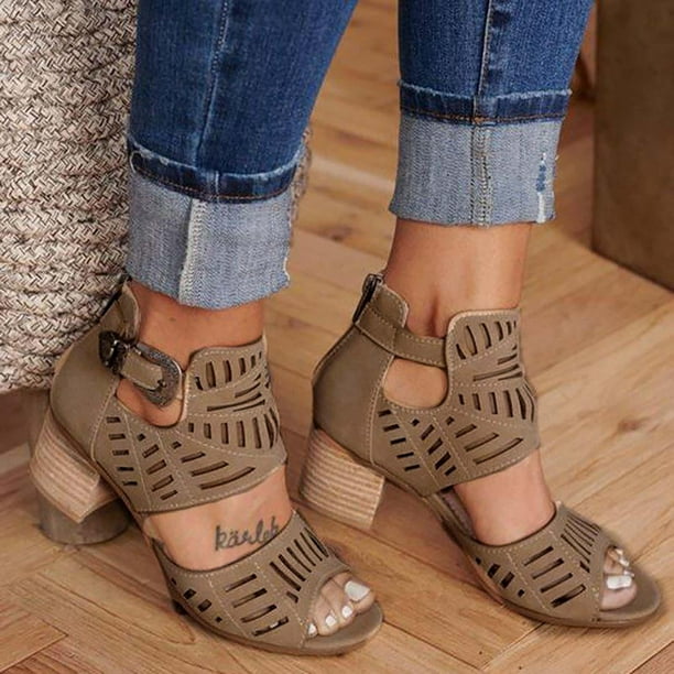 Sandalias de tacón grueso con cremallera trasera y hebilla de Metal con boca de pez hueca y diamantes de imitación calientes Wmkox8yii nm7444