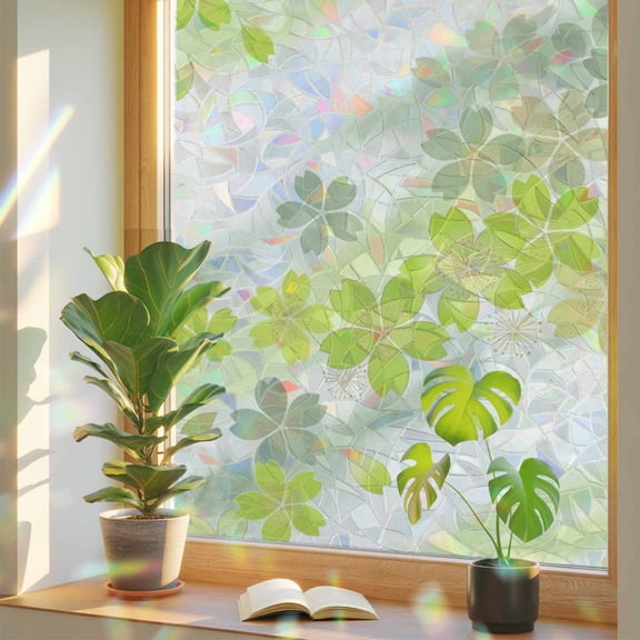 Light Green Cherry Blossoms Window Privacy Film, Abstract Ombre Floral Petals Static Cling Stained Glass Window Sticker Decorative Removable Rainbow Film for Glass 17.7”x39.3”