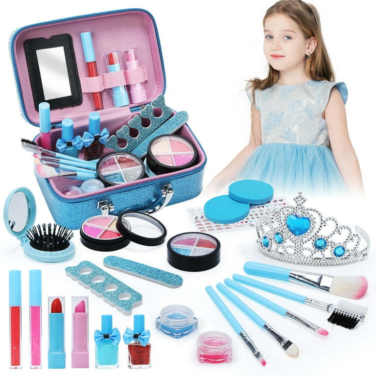 Super Joy Kids Real Makeup Kit for Little Girls:with Blue Dream Bag - Real, Non Toxic, Washable Make Up Dress Up Toy - Birthday Gift for Children