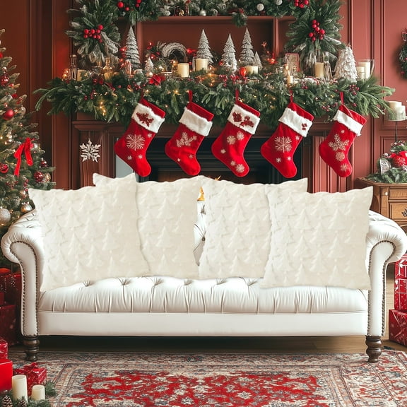 GIRACOA 4Pcs Christmas Tree Plush Pillow Covers (18x18 Inch) - Soft Fluffy Holiday Decor for Sofa, Bedroom, Living Room