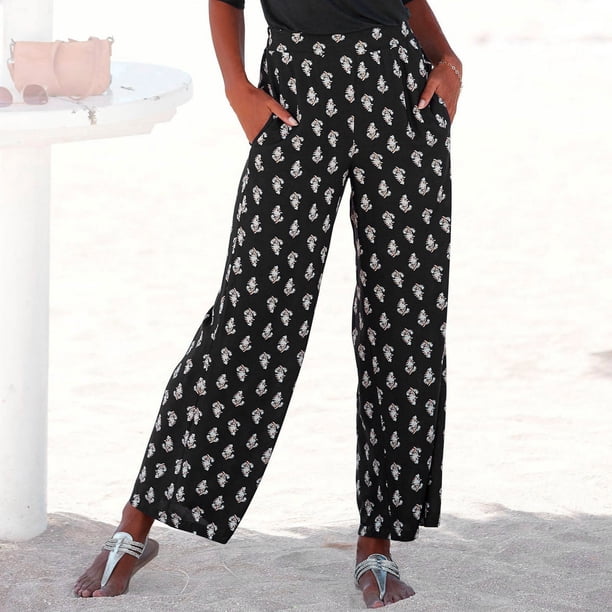 WILLBEST Pantalones Casuales de Mujer, de Cintura Alta, Estampados, Fáciles de Combinar, Estilo Bohemio, Largos, con Bolsillos, para Playa y Uso Diario. Grande