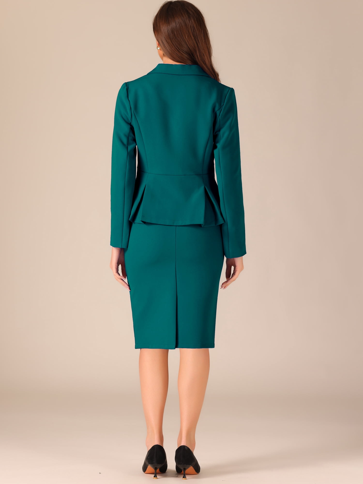 DARING DIVA Women's Peplum Blazer Pencil Skirt 2 Pcs Suit Set S Peacock Green
