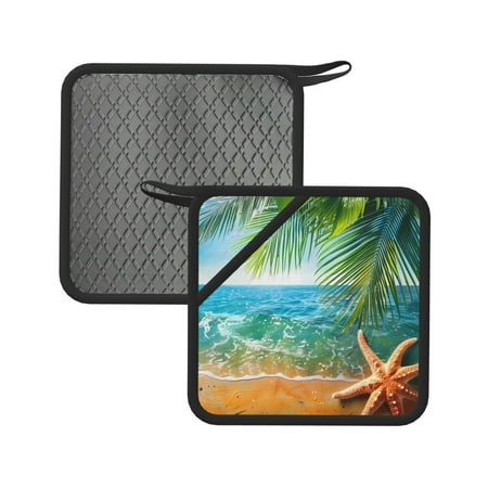 

2pcs Silicone Anti-Hot Hot Pads Oven Mitts Heat Resistant Pot Holders With Pockets Non Slip Oven Glove Potholder For Kitchen Cooking Bbq Baking 7.1in Beach Palm Leaf Starfish (11) (1)