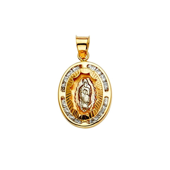 14k Yellow Gold White Gold and Rose Gold Cubic Zirconia Guadalupe Medal Pendant Necklace 12x22mm Pendant for Women