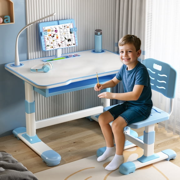 Yedigre Height Adjustable Kids Desk & Chair Set with LED Lamp – Tiltable Reading Stand & Large Storage Drawer for Ages 3-18