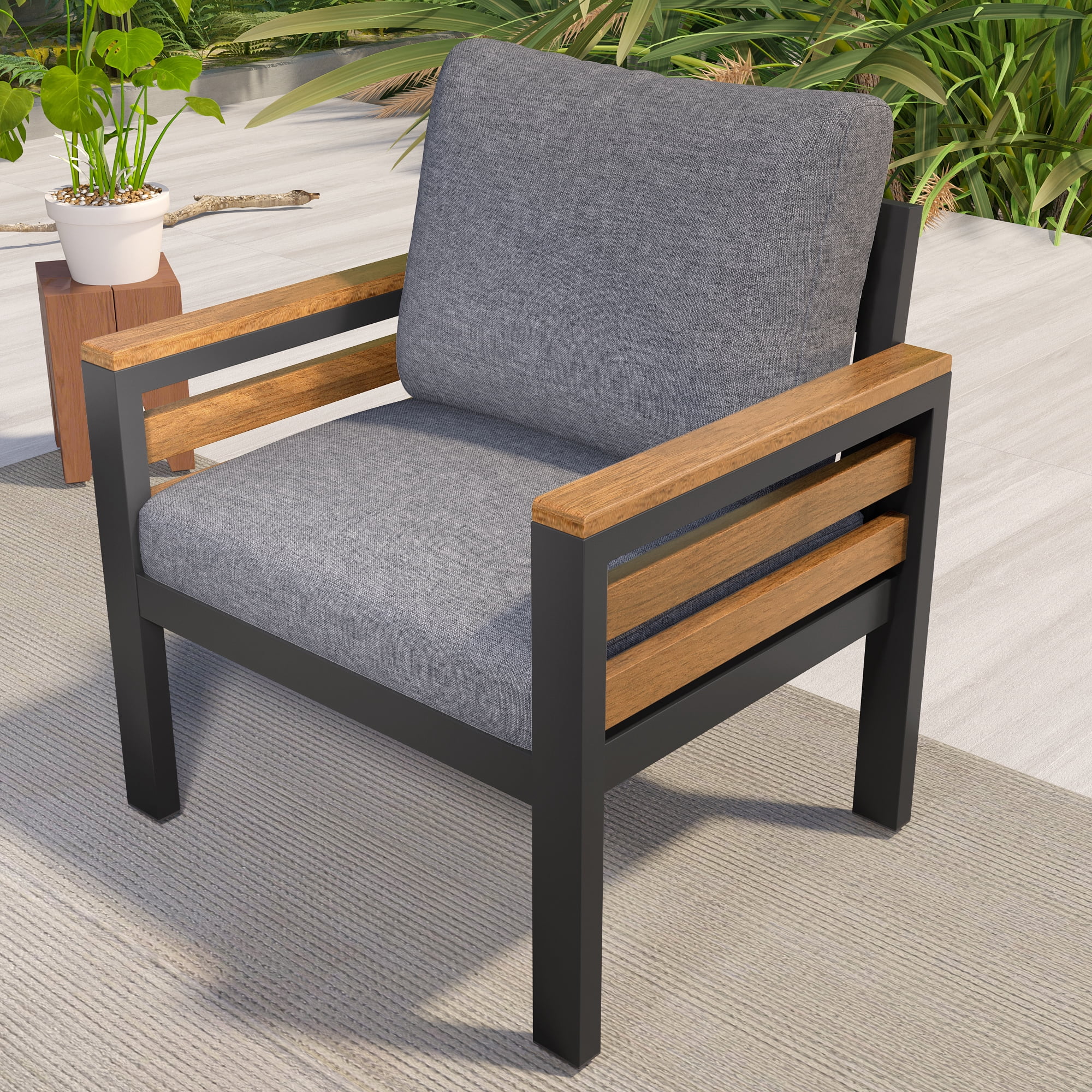 Leumius 4 Pieces Patio Furniture Set,Outdoor Patio Conversation Set with Removable Cushion and Solid Wood Coffee Table for Poolside, Backyard,Garden,Gray