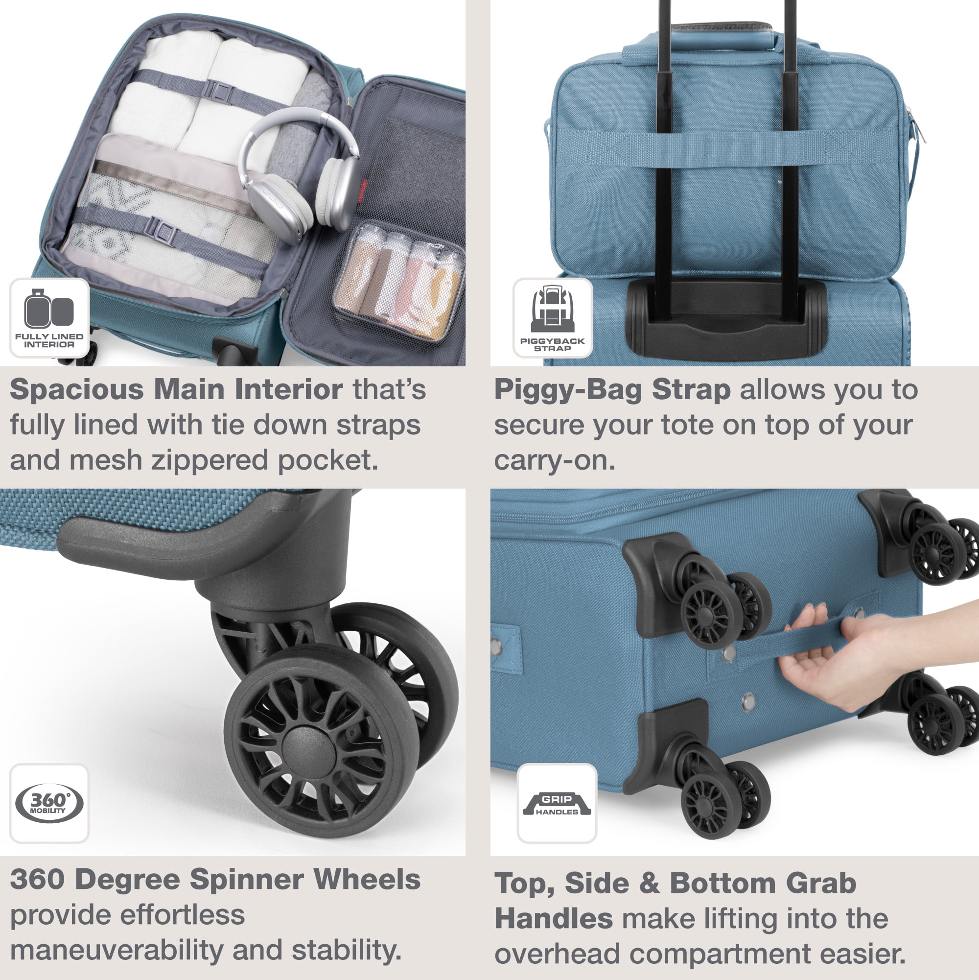 U.S. Traveler Rio 2-Piece Expandable Softside Carry-on Luggage Set - Spinner Wheels, TSA-Approved, Tote Bag, Lightweight Travel Suitcase, Light Blue (22/14)
