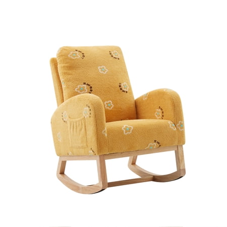 26.8  Nursery Rocking Chair  Mid Century Accent Rocker Armchair with Side Pocket  Modern Upholstered High Back Wooden Rocking Chair for Living Room Baby Kids Room Bedroom  Mustard