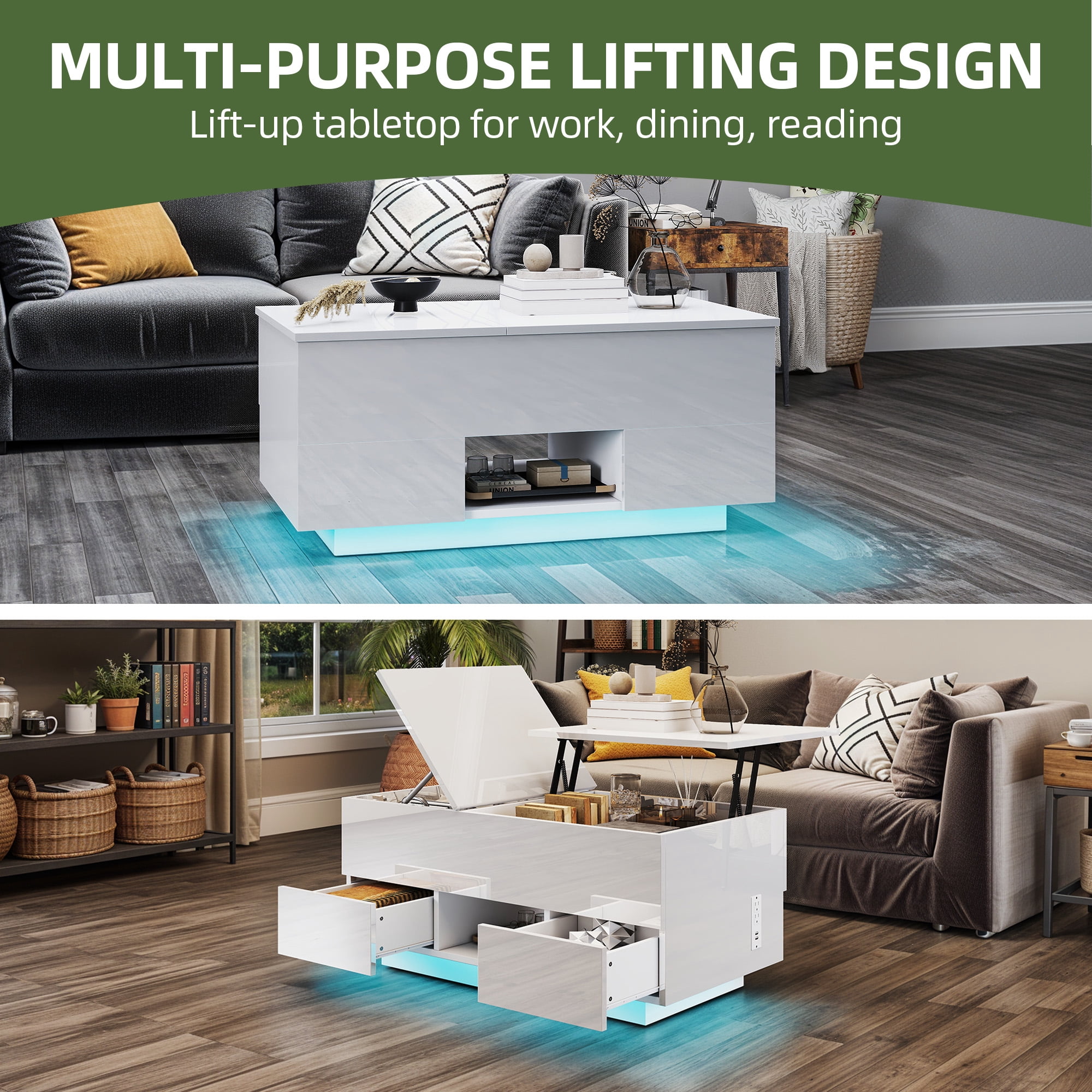 Uforic Lift Top Table with Drawers & LED Lights, High Gloss Coffee Table with Power Outlets, White