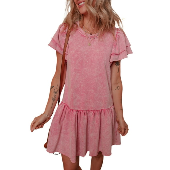 Sachet Pink Mineral Wash Ruffle Mini Dress with Drop Waist Design | [ZhiHiMeRi] | (US 12-14)L