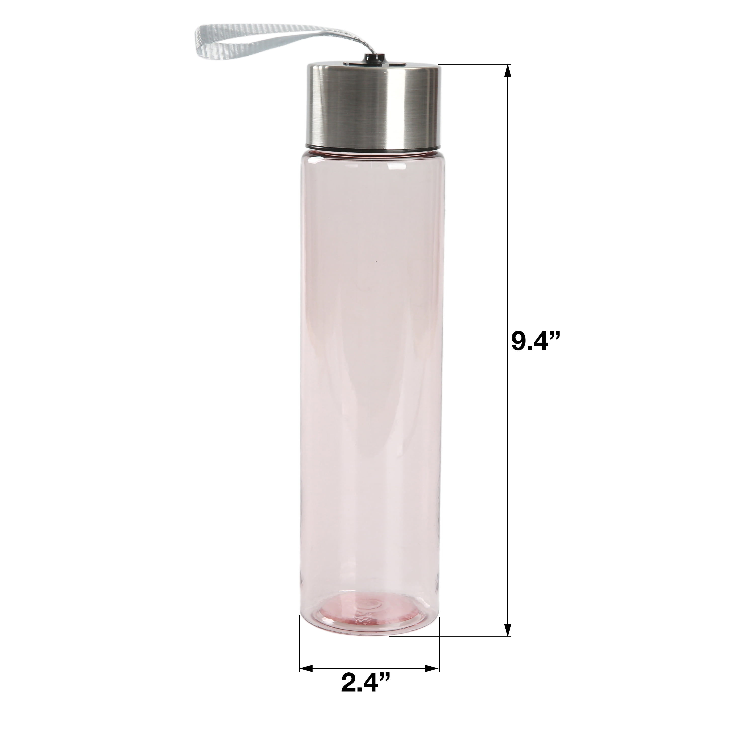 Mainstays 18oz Plastic Pink Water Bottle Stainless Steel Screw Cap Lid with Strap, 1 Each