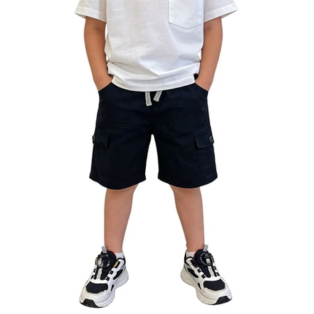 Rggeeun Boys Toddler Shorts Cargo Elastic Drawstring Waist Solid Color Flap Pockets With Snap Closure Loose Fit Knee Length For Summer Vacation Sweet Bottoms Blue 11-12 Years