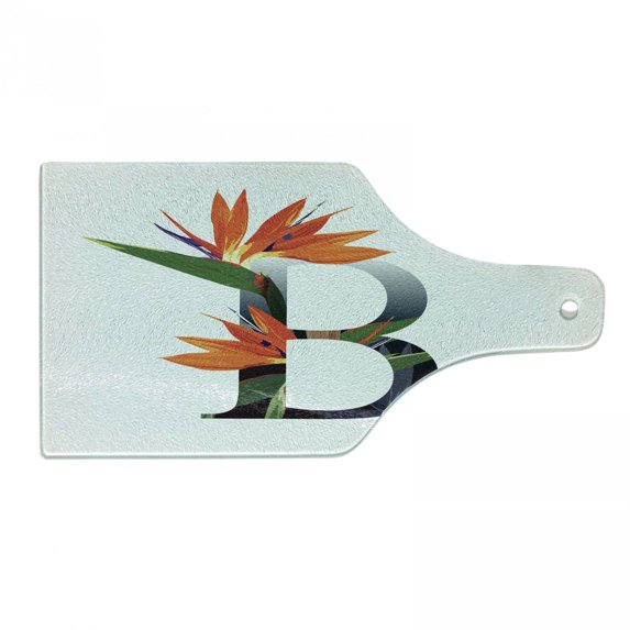 Letter B Cutting Board, Bird of Paradise Typography Flower Alphabet Character Font Design Print, Tempered Glass Cutting and Serving Board, Wine Bottle Shape, Orange Green Grey, by Ambesonne