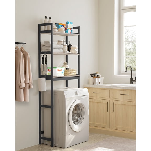 SONGMICS Estantería sobre el Inodoro, Organizador de Baño de 3 Niveles sobre el Inodoro con Estantes Ajustables, Estantería de Baño Multifuncional, Greige y Negro