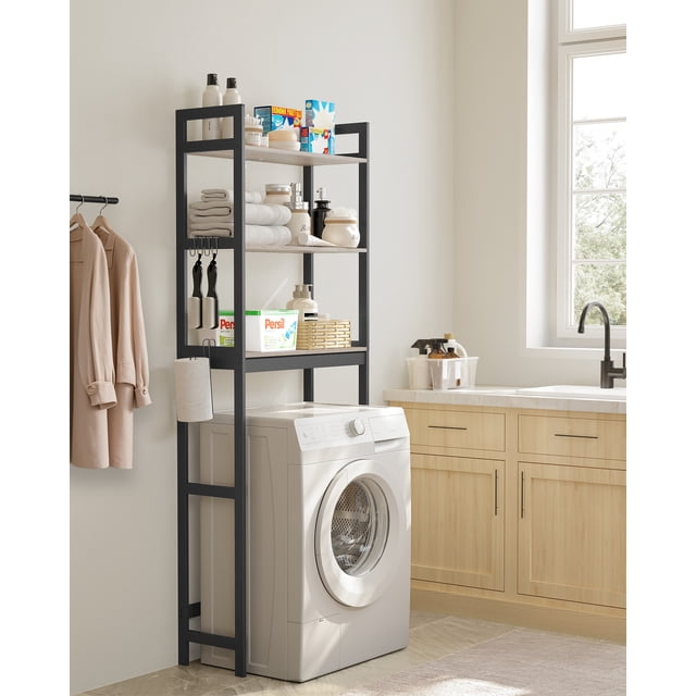 SONGMICS Estantería sobre el Inodoro, Organizador de Baño de 3 Niveles sobre el Inodoro con Estantes Ajustables, Estantería de Baño Multifuncional, Greige y Negro