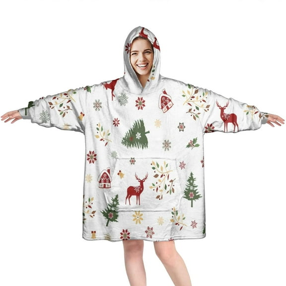 Wearable Oversized Blanket,White Christmas Reindeer Pattern Wearable Blanket Hoodie for Adults,Cozy Hooded Blankets with Super Pockets,Super Warm Fuzzy Pullover for Women & Men