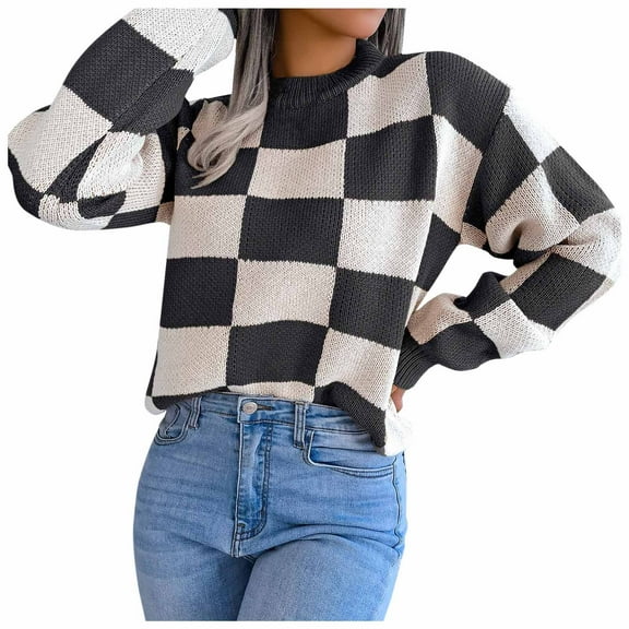 Oversized Sweaters For Women Casual Loose Fit Contrast Plaid Crew Neck Long Sleeve Stretch Pullover Jumper Top Comfortable Soft Fall Outfits