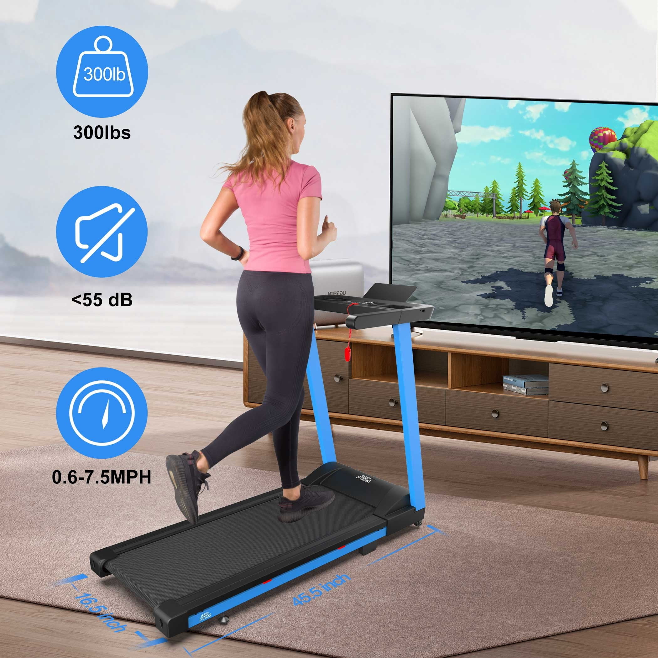 SSPHPPLIE 3HP Folding Treadmill for Home, APP Control , 300LB Walking Pad Running Data Analysis（Blue）