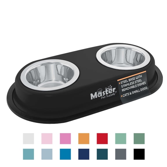 Master Pet Supply Double Dog Bowls Set with Elevated Base and 2 (8 oz) Stainless Steel Removable Dishes (Black Velvet) – Double Cat Food Water Bowl, Dog Puppy Food Bowl Set, Rust Resistant