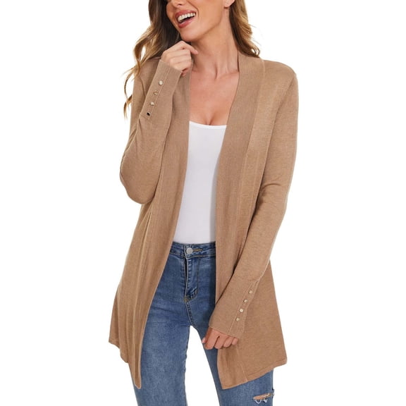 Oksale Mid Length Cardigan for Women with Button Decor Comfy Long Sleeve Cardigans Open Front Sweaters Slouchy Ladies Fashion Outfits Brown S