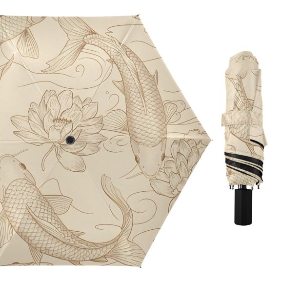 Fish and Lotus Flower Compact Sun Umbrella Windproof Travel Umbrellas for Rain Strong Portable UV Protection