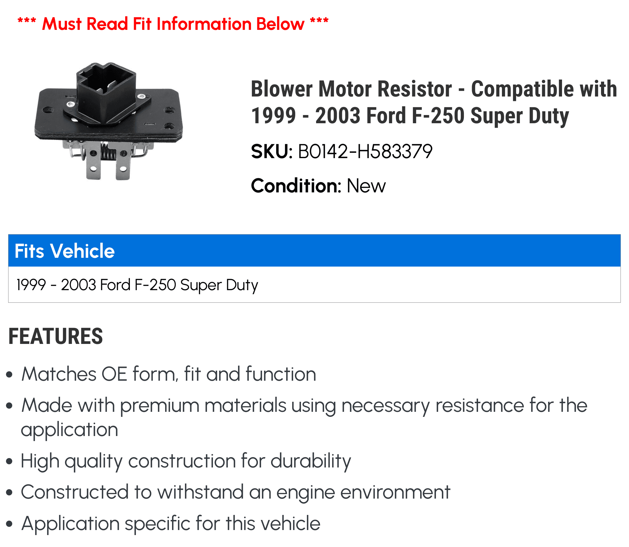 Blower Motor Resistor - Compatible with 1999 - 2003 Ford F-250 Super Duty - Beck Arnley