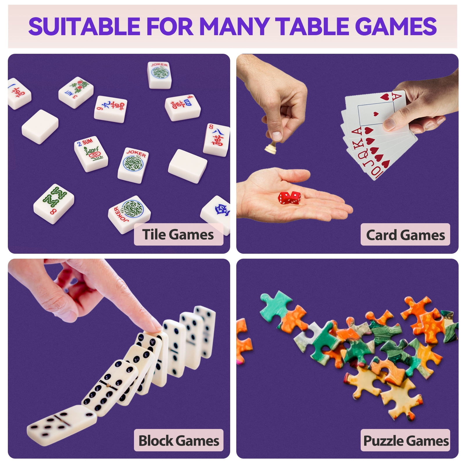 Noise Reducing Anti-Slip Table Cover Pad | Portable Game Mat for Mahjong, Poker, Cards, Dominoes with Carry Bag (Purple)
